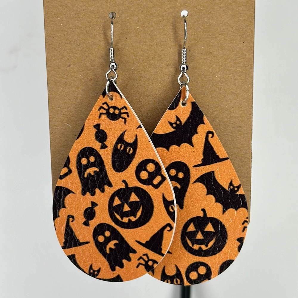 Faux Leather Dangle Earrings Halloween Ghost Bats Candy